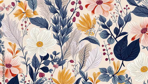 floral pattern with mix of orange  blue  and pink flowers background