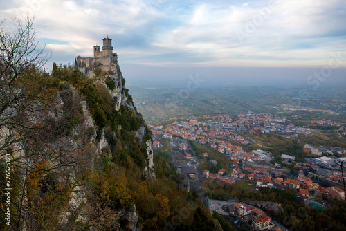 The Guaita, also known as the Rocca or the First Tower. It is one of three towered peaks overlooking the city of San Marino. The fortress is the oldest and the most famous constructed on Monte Titano.