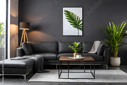 natural color photography of beautiful new modern living room indoor area, new modern sofa, a very small book holder table, and an indoor plant with an isolated white & dark color mix wall
