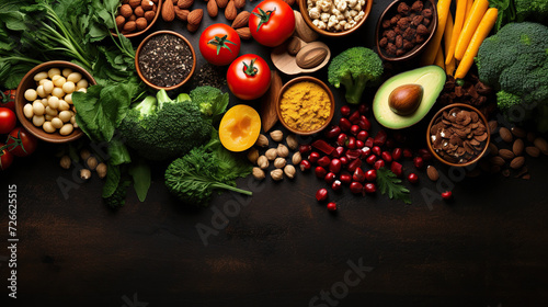 Healthy plant based food, foods for lowering cholesterol, portfolio diet products, top view copy space