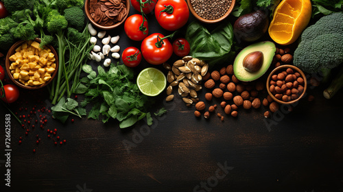 Healthy plant based food, foods for lowering cholesterol, portfolio diet products, top view copy space