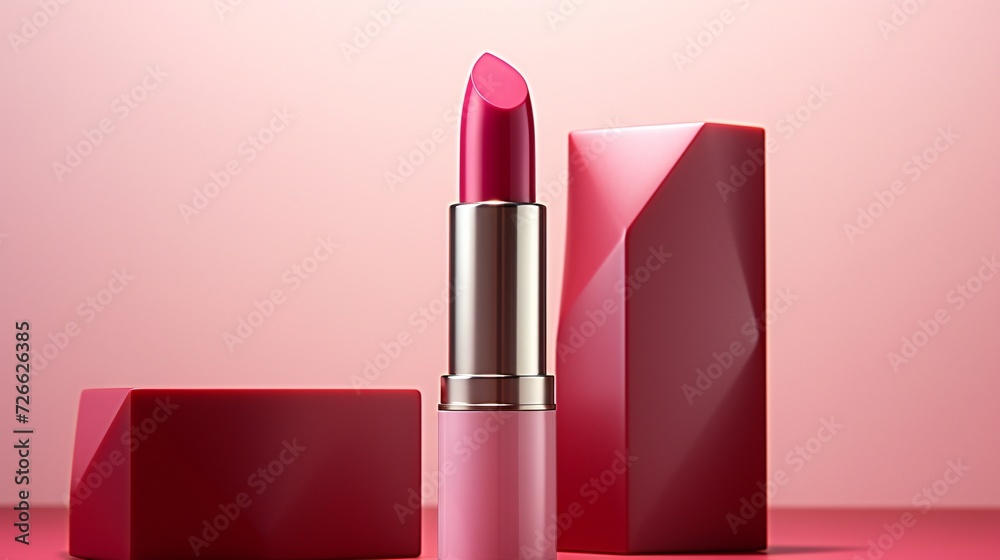 Lipstick mockup in pink pedestal and abstract geometric shapes background