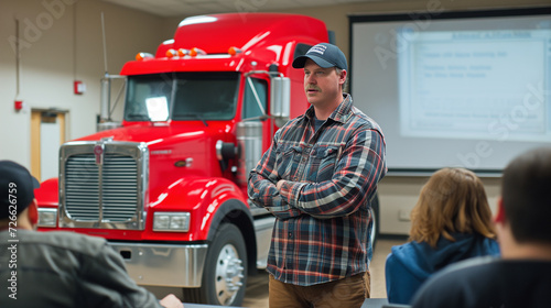 Instructor teaching students inside a trucking school. Future truckers learning. photo