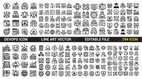 Devops icons set Collection. line art vector illustration and Graphic elements for websites. Cartoon flat vector illustrations isolated on a white background.