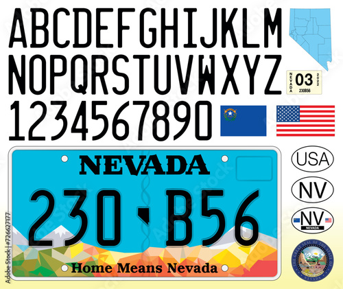 Nevada car license plate pattern, letters, numbers and symbols, vector illustration, USA