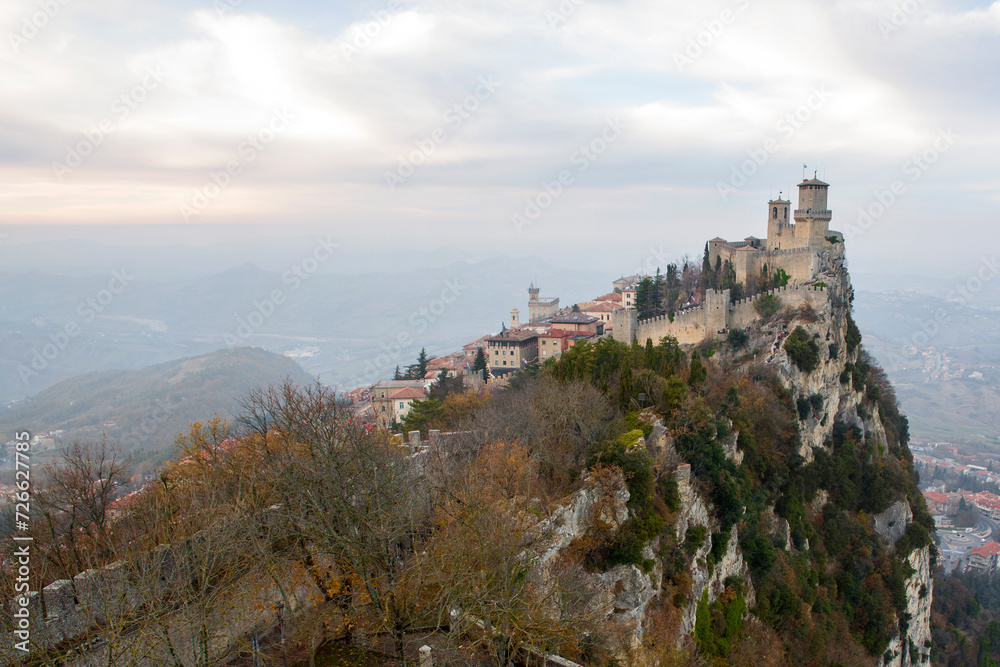 The Guaita, also known as the Rocca or the First Tower. It is one of three towered peaks overlooking the city of San Marino. The fortress is the oldest and the most famous constructed on Monte Titano.