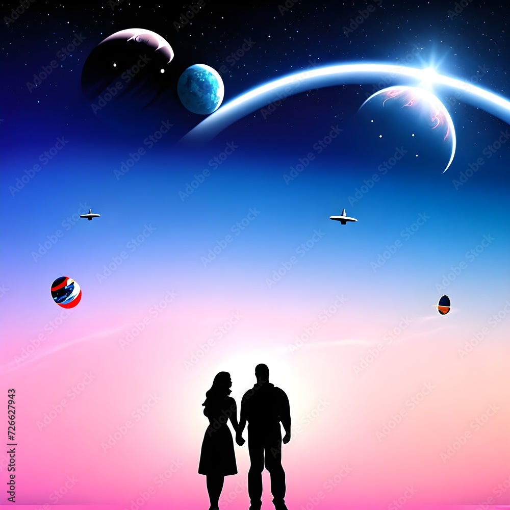 Man and woman in love on the background of the planet. Vector illustration, Valentine Day