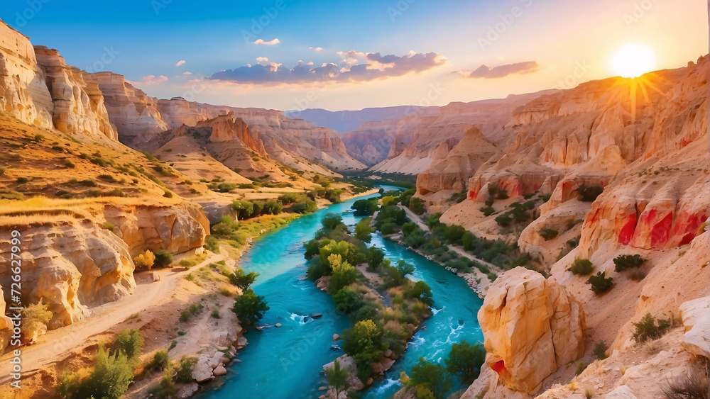 canyon view in summer. Colorful canyon landscape at sunset. nature scenery in the canyon. amazing nature background. summer landscape in nature. Tasyaran canyon travel in the great valley. Turkey.