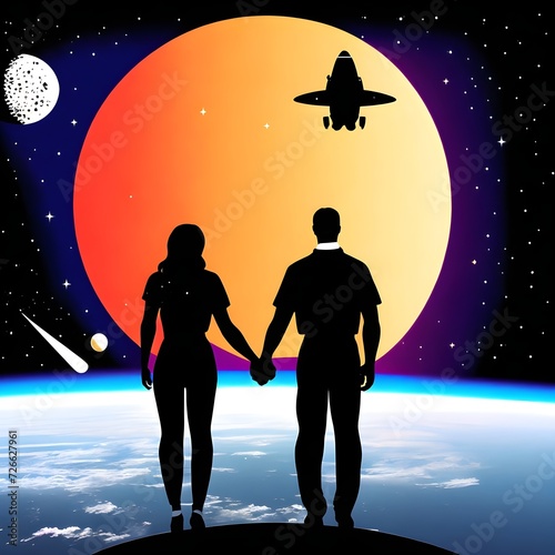 Silhouette of a couple on the background of the planet, Valentine Day