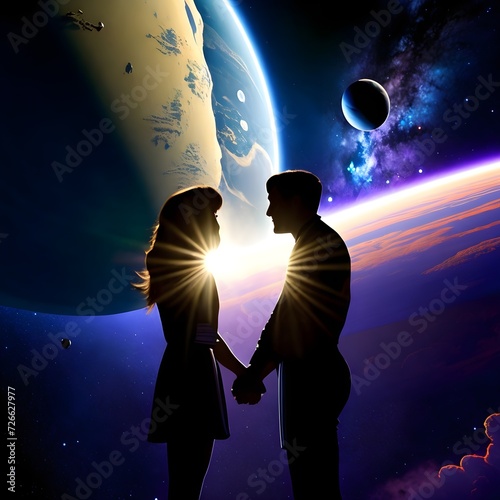 Silhouette of a loving couple holding hands against the background of the planet Earth, Valentine Days