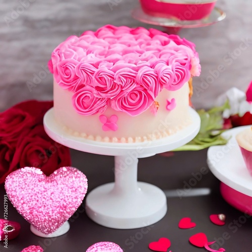 Cake with pink buttercream on a white plate, selective focus, Valentine Day, Anniversary