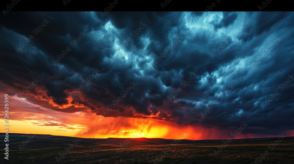 A stormy sky, where dark clouds meet the fiery hues of a setting sun