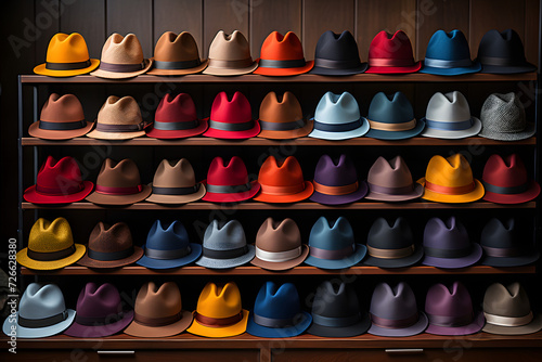 A showcase with hats in the store, a shelf in the dressing room with a collection of hats, collection of diverse hats showcased on individual stands