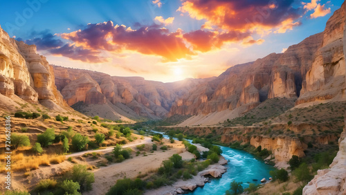 canyon view in summer. Colorful canyon landscape at sunset. nature scenery in the canyon. amazing nature background. summer landscape in nature. Tasyaran canyon travel in the great valley. Turkey.