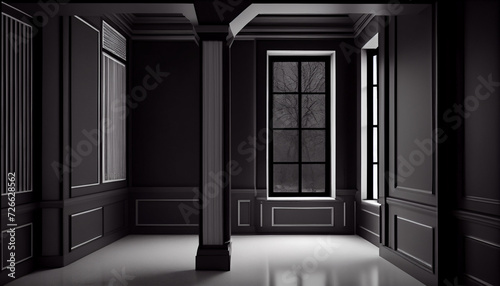 A room with black columns and a large window closeup background Ai generated image
