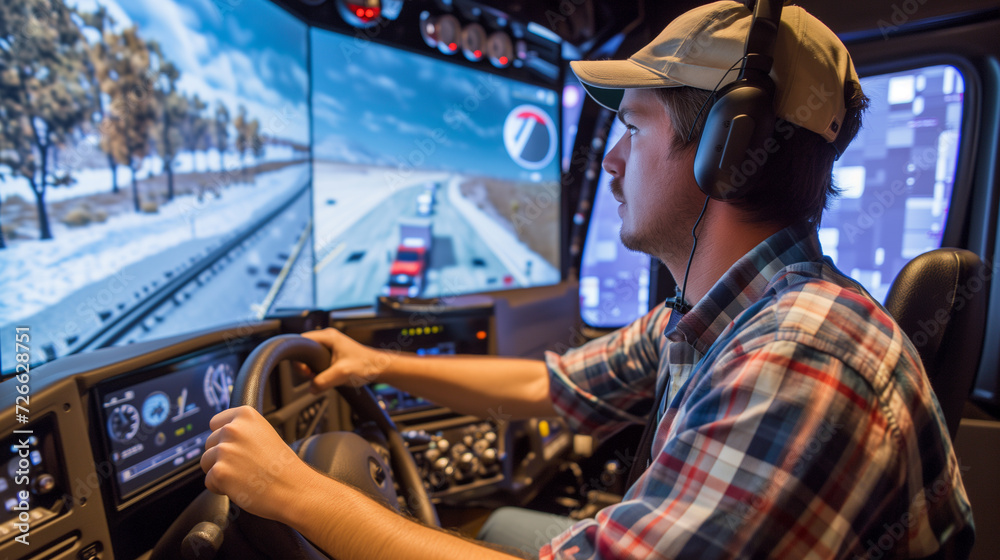 Trucking simulator inside a truck school. Man using virtual navigation with real steering wheel.