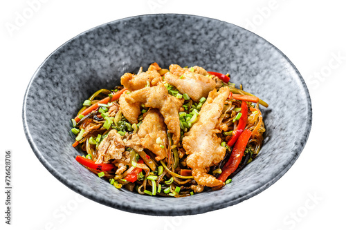 Stir-fry Glass noodle with chicken fillet and vegetables.   Isolated, Transparent background.