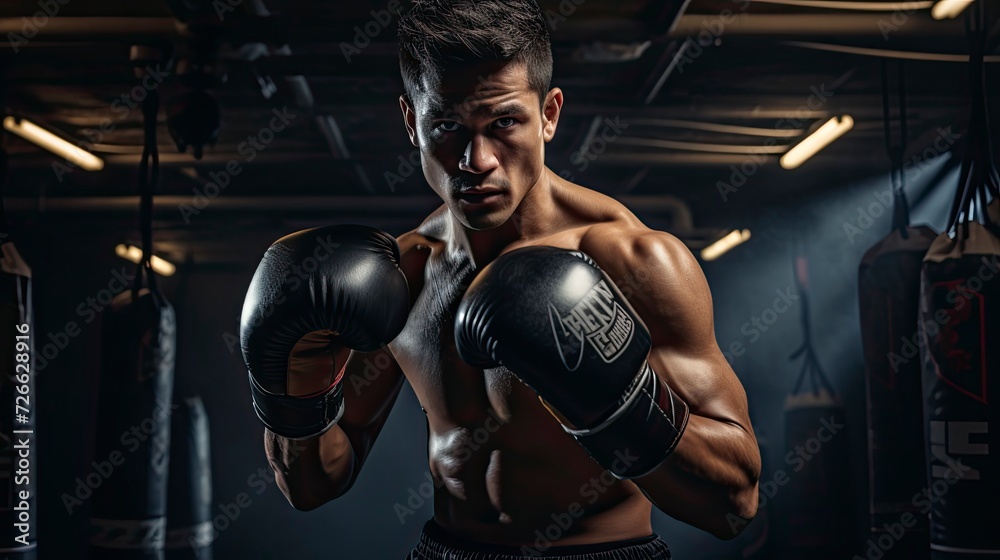 Intense male boxer throwing a dynamic punch during a competitive fight in a boxing ring, with dramatic lighting. generative ai
