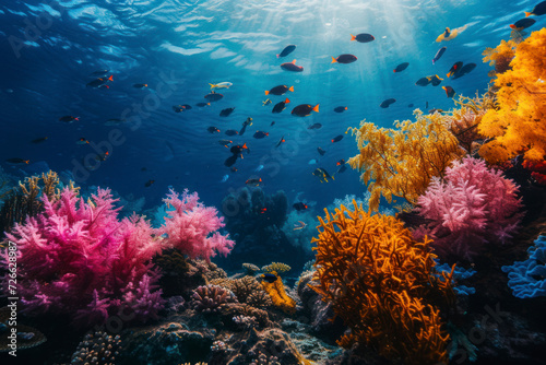 Underwater coral reef background, a vibrant and underwater scene featuring a coral reef with colorful marine life. © Hunman