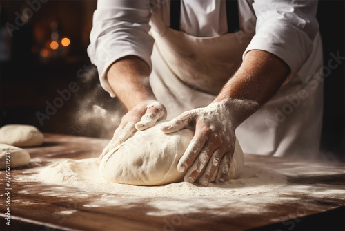 Experience villagecore charm as a chef crafts bread dough with humanistic empathy, showcasing graceful movements, foreshortening techniques, and exaggerated features. photo