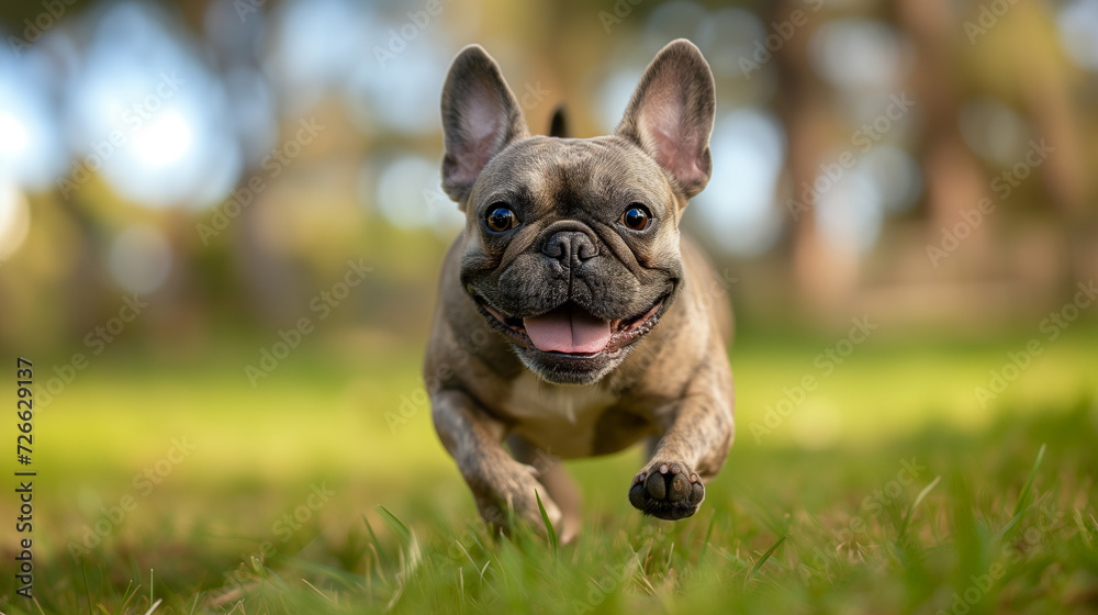 French bulldog puppy running towards the camera in the park. Happy dog.
