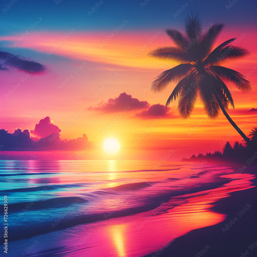 A peaceful and vibrant beach scene at sunset. The image features the silhouette of a palm tree against a sky painted in brilliant hues of orange.