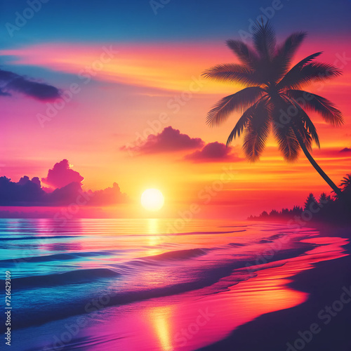 A peaceful and vibrant beach scene at sunset. The image features the silhouette of a palm tree against a sky painted in brilliant hues of orange. © Taoriy