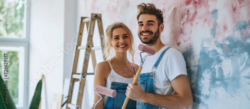 Portrait happy new married couple making renovation painting the walls their new house. AI generated photo