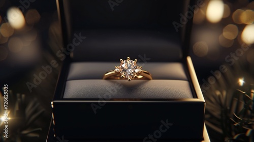 Black box showcasing radiant gold diamond ring. © Aina Tahir