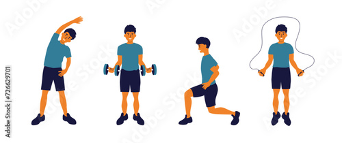 Physical activity, fitness training, gym workout set isolated vector illustrations. Man doing different sport exercises, lunges, side bend, jump with rope, dumbbell work. Active male healthy lifestyle