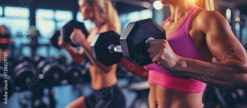 Happy attractive sports athlete work out with dumbbells at gym sport center. AI generated image