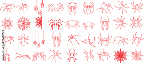 Print op canvas Spider line illustration, diverse species of spider, red line art, white background