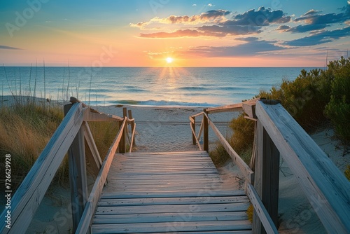 Sunset at the beach, Walking towards the ocean, A serene boardwalk scene, The path to a beautiful sunset.
