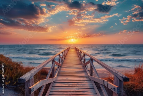 Sunset over the ocean, Wooden pier at sunset, Peaceful evening on a dock, Serene beach scene with wooden pier.