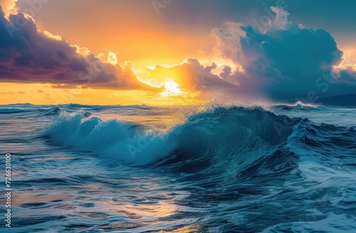 Sunset over the ocean waves, The sun sets on a rough sea, A serene ocean scene at dusk, Waves crashing under a vibrant sky.