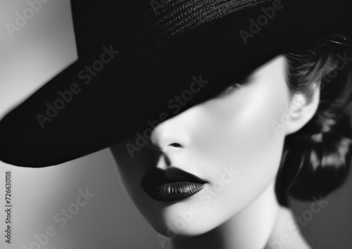 Sultry Eyes and a Plush Hat, A Woman in Black with a Striking Pout, Glamorous Glasses and a Fashionable Hat, Elegant Beauty Under a Large Hat. © Jevjenijs