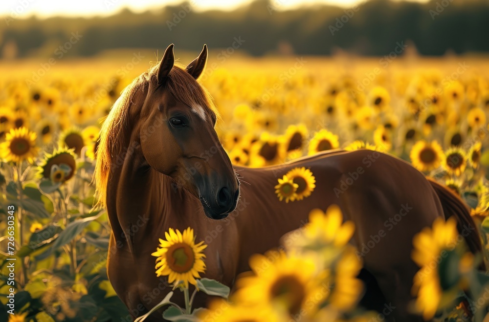 Fototapeta premium Sunflower Field Horse, Golden Horse in a Sunflower Field, Brown Horse Standing in Sunflowers, A Beautiful Brown Horse in a Sunflower Field.