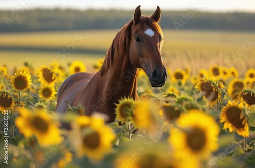 Sunflower Field Horse, Horse in a Yellow Field, Brown Horse Among Sunflowers, A Brown Horse in a Sunflower Field.