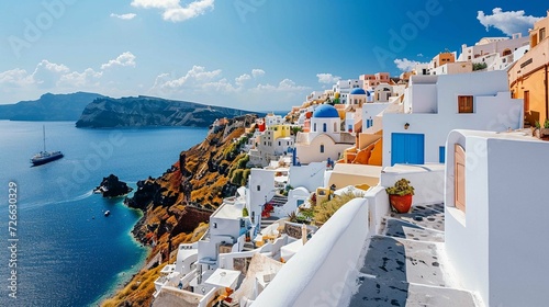 a whitewashed town with colorful rooftops clinging to the cliffs overlooking a bright blue sea. photo
