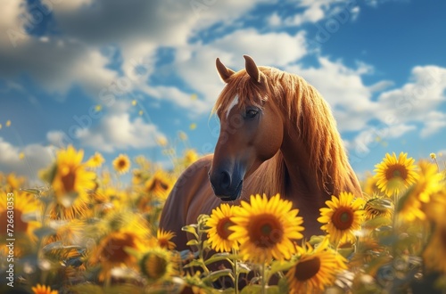 Golden Horse in a Field of Yellow Flowers, A Sunflower Meadow with a Beautiful Brown Horse, The Majestic Brown Horse Amidst the Vibrant Yellow Flowers,
