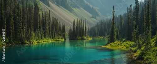 A serene mountain lake, The beauty of nature in a valley, A picturesque scene with trees and water, A tranquil landscape with a clear blue lake.