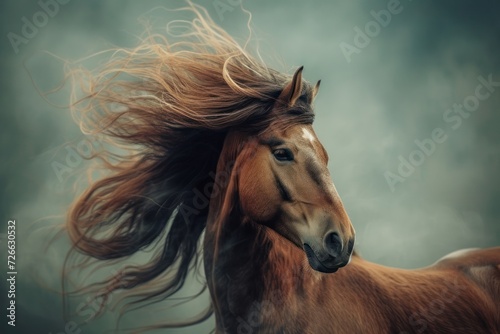 Wild Horse with Mane, Majestic Brown Horse in Motion, Galloping Horse with Long Hair, Elegant Equine with Windblown Mane.