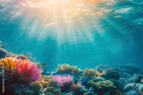 Underwater coral reef background, a vibrant and underwater scene featuring a coral reef with colorful marine life. photo
