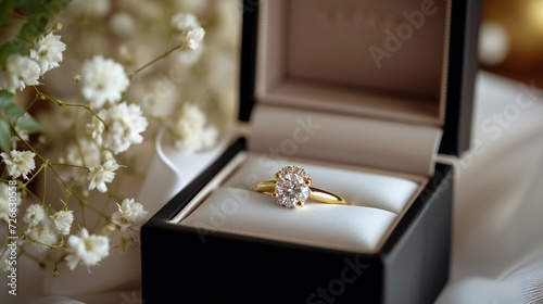 Gold diamond ring displayed in chic black box mockup