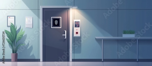 A fingerprint scan security machine on wall near entrance door modern office. AI generated image