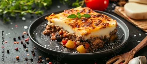 Served on a plate, focused Greek moussaka with potatoes. photo