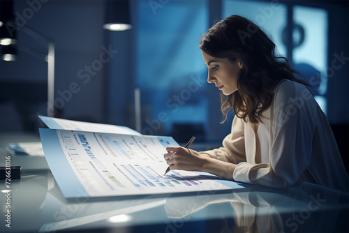 Efficiency meets aesthetics as a woman meticulously updates a spreadsheet—light silver and navy tones, sharp perspectives, and botanical accuracy add a touch of elegance to the task. photo