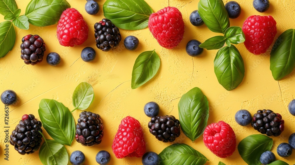 Fruit Medley, Colorful Fruit Display, Vibrant Berries and Leaves, Fresh Fruit Arrangement. Fruit Medley, Colorful Fruit Display, Vibrant Berries and Leaves, Fresh Fruit Arrangement.