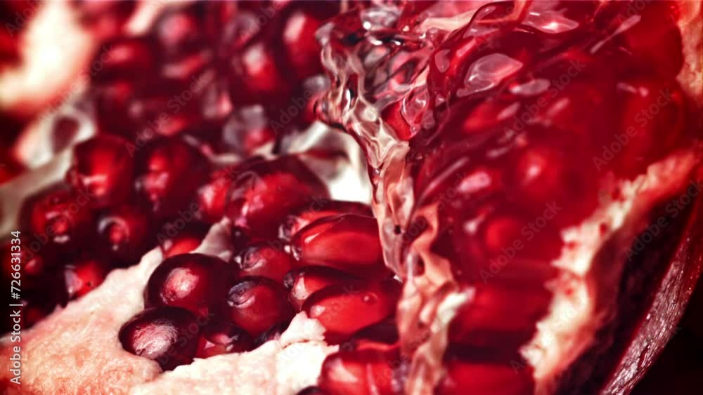 Splashed water pours onto fresh pomegranates. Filmed on a high-speed camera at 1000 fps. High quality FullHD footage Splashed water pours onto fresh pomegranates. Filmed on a high-speed camera at 1000 fps. High quality FullHD footage