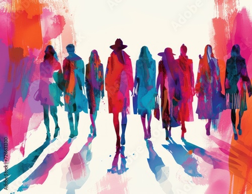 A Group of Women Walking Together, Women in Colorful Coats and Hats, The Artistic Portrayal of a Crowd of People, Shadows of Women on the Ground.